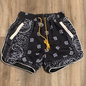 Rhude Black Paisley Shorts with Yellow Drawstrings